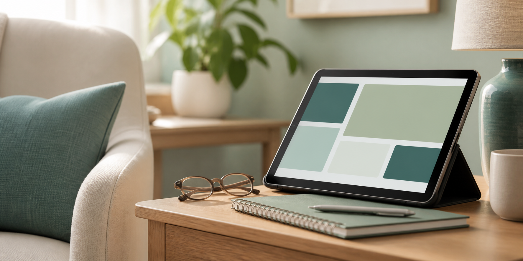 Warm office scene with tablet and reading glasses representing accessible website design