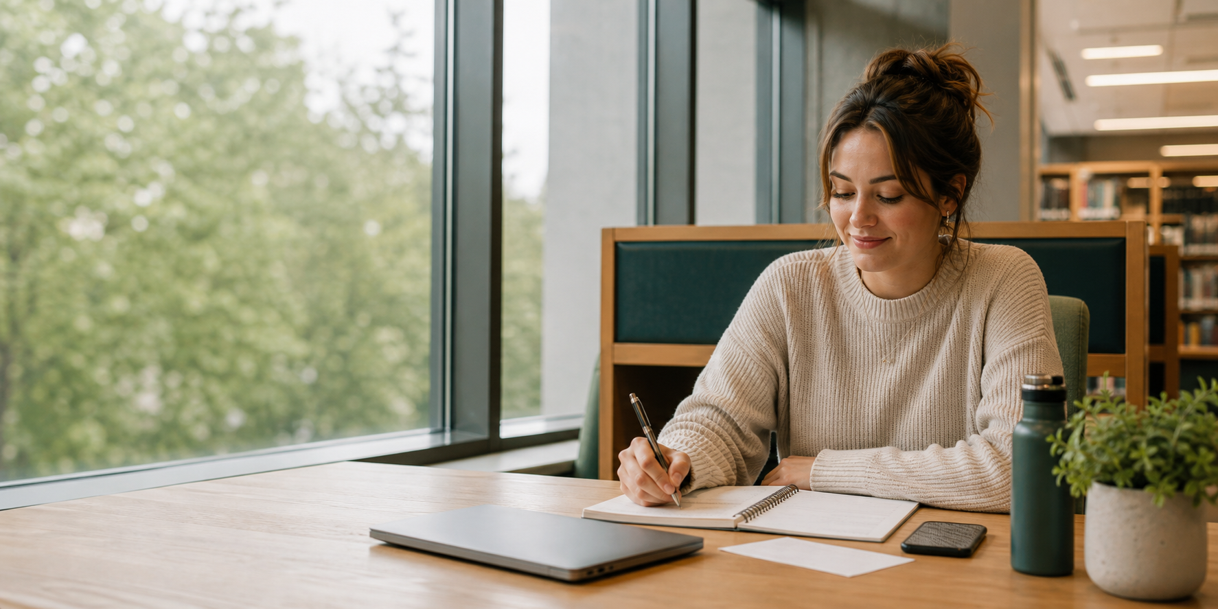 Adult taking the first step toward care with a notebook in a quiet study setting