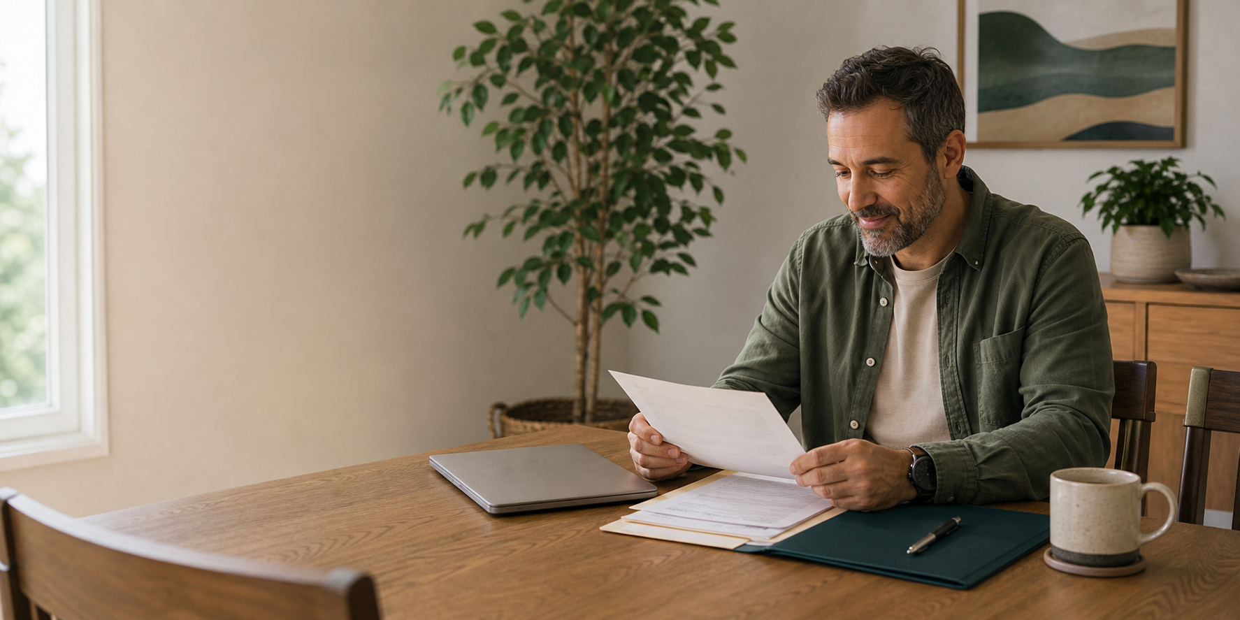 Adult reviewing organized payment information in a bright home setting