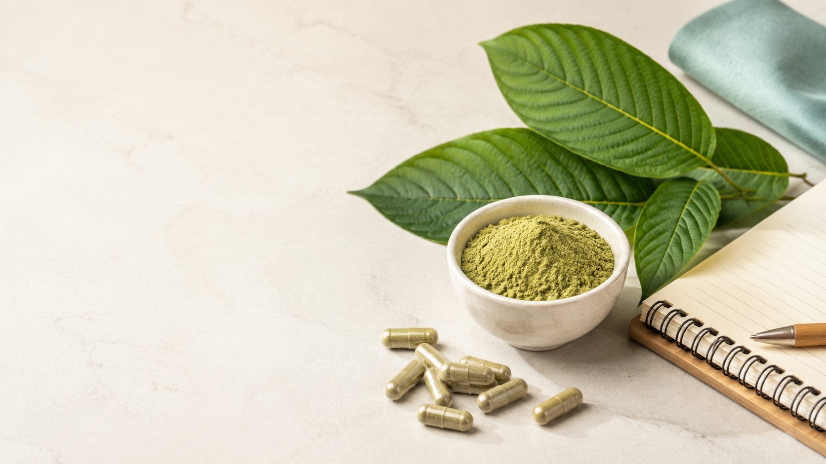 Kratom powder, capsules, leaves, and treatment-planning materials on a clean counter