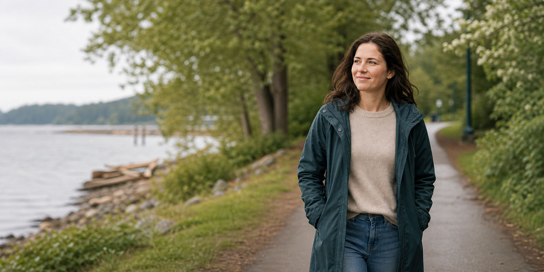 Adult walking calmly outdoors in a Pacific Northwest setting representing mental health care