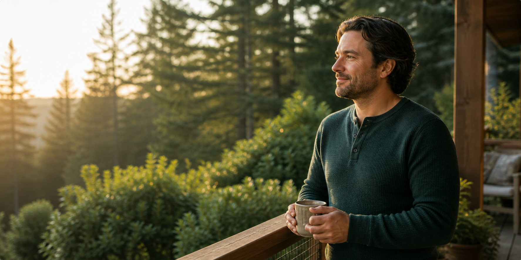 Adult in a calm outdoor setting representing respectful substance use treatment and recovery